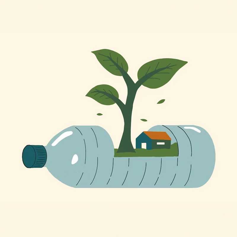 A bottle with a house in it and a plant growing out of it