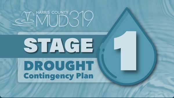 Graphic for Harris County MUD 319 announcing Stage 1 of its Drought Contingency Plan, featuring a large water droplet icon with the number 1 on a blue water-textured background.